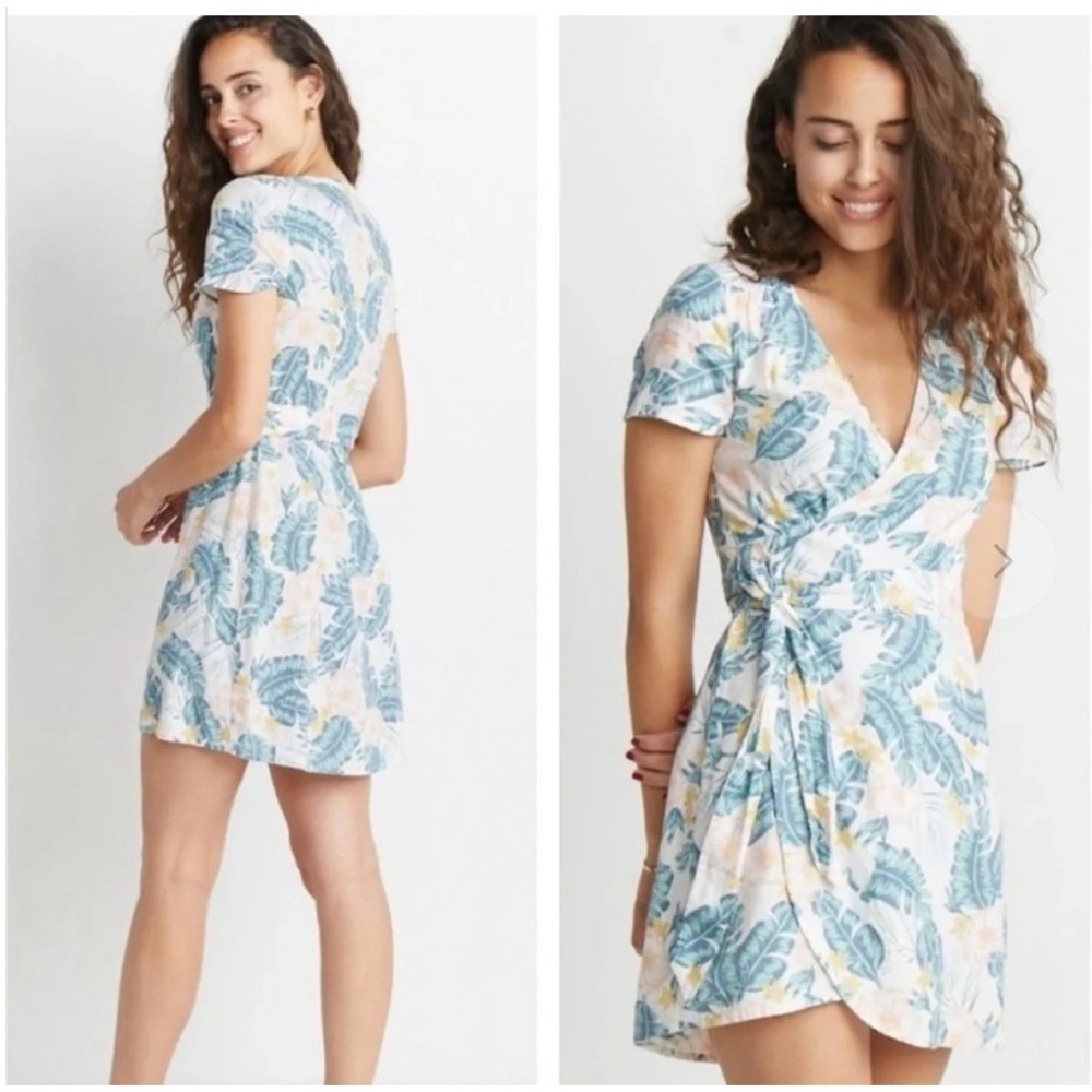 Marine Layer Frances Tropical Wrap Dress Size S White Blue Linen Mini Summer